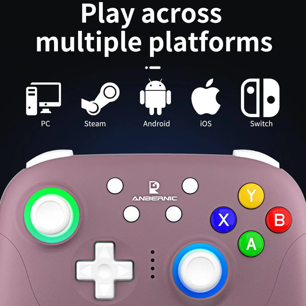 Game controller with branding and platform compatibility icons on a dark background