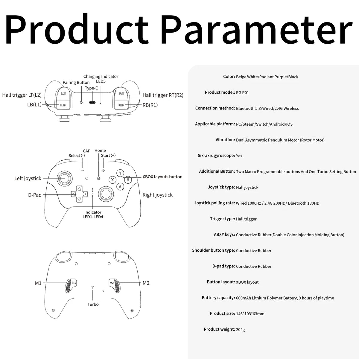 Technical specifications of a gaming controller on a white background