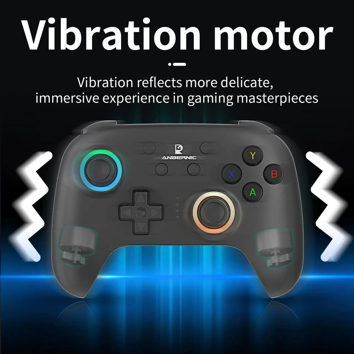 Gaming controller with vibration motor feature highlighted on a dark background