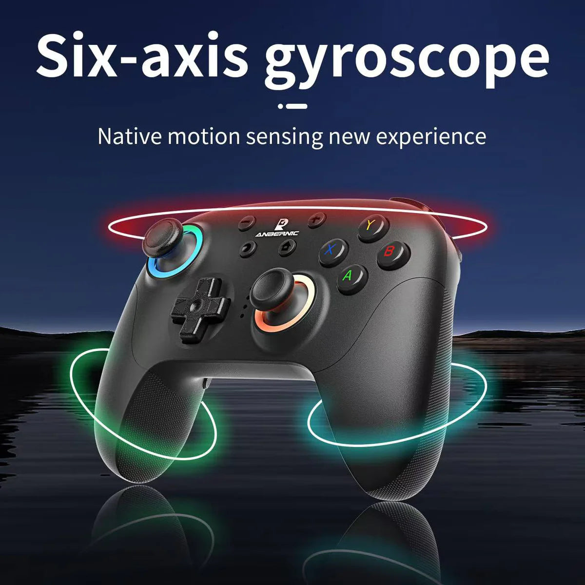 Game controller with six-axis gyroscope feature on a dark background