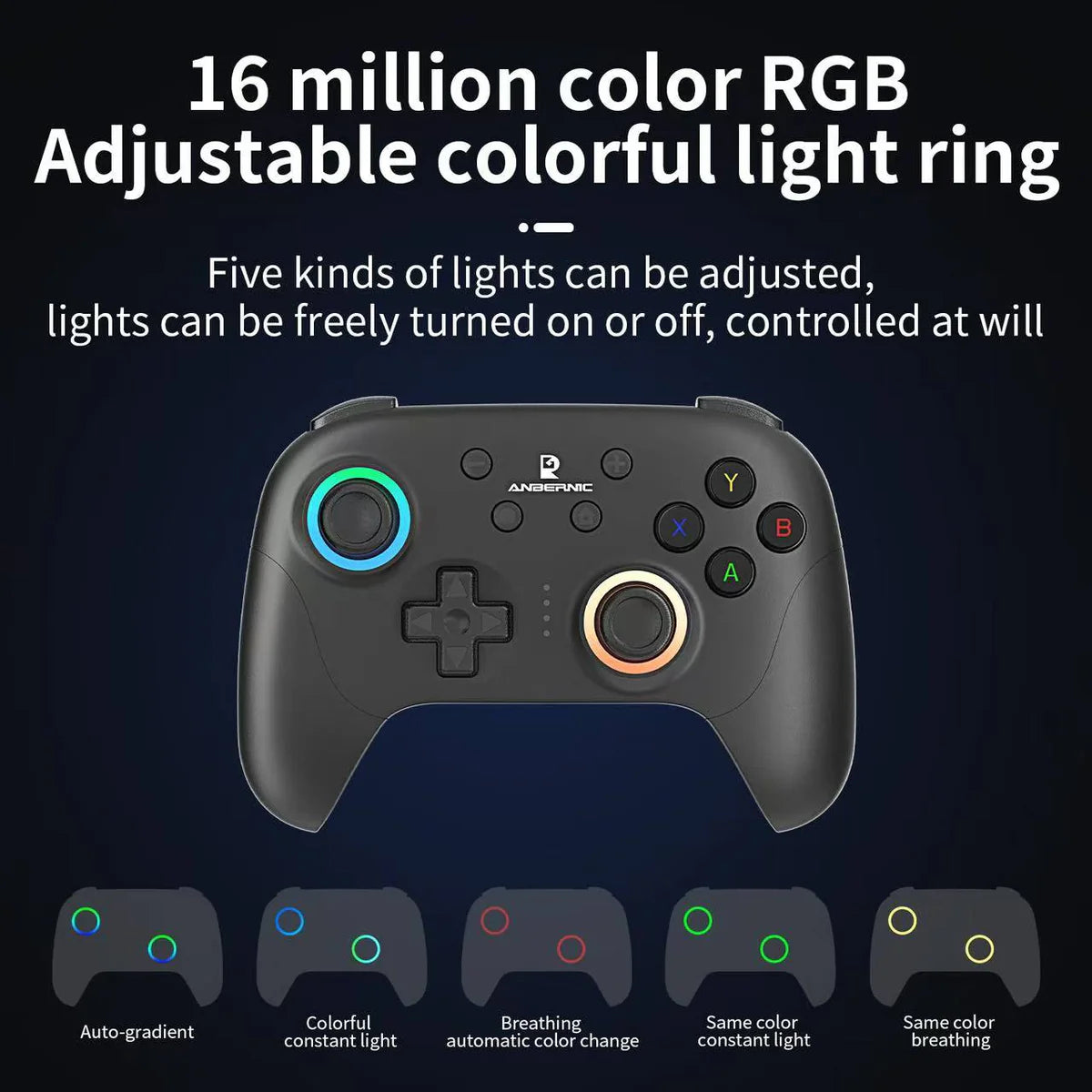 Gaming controller with RGB light ring on a dark background