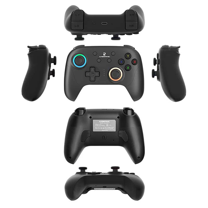 Black gaming controller from multiple angles on a white background