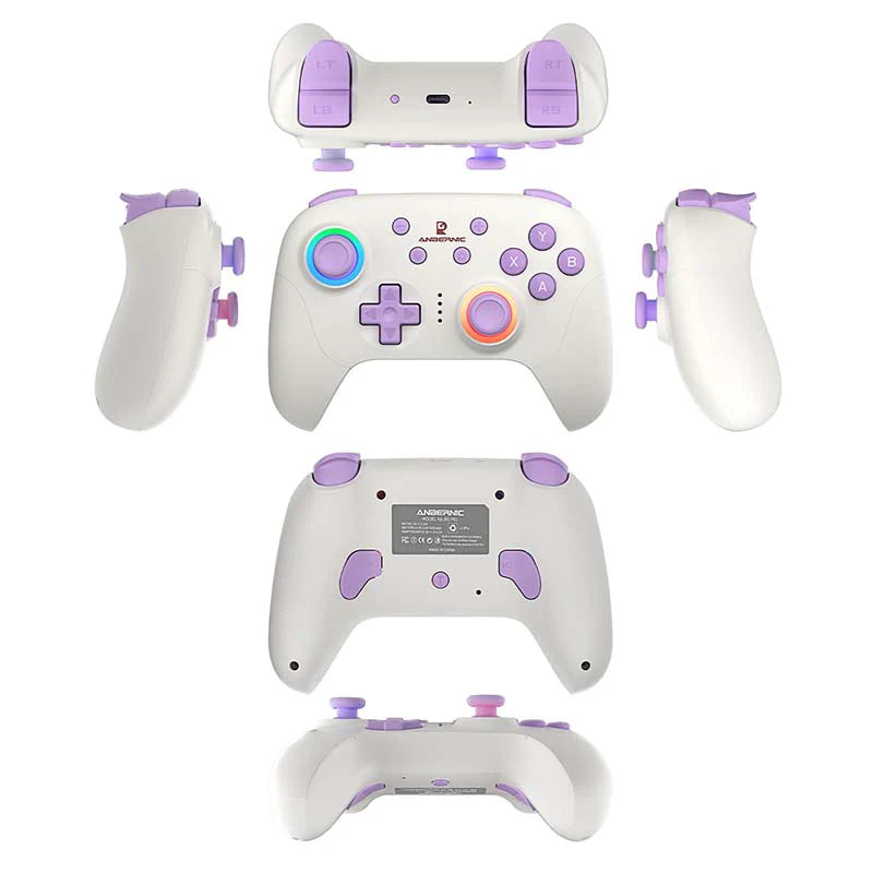 White gaming controller with purple accents on a white background