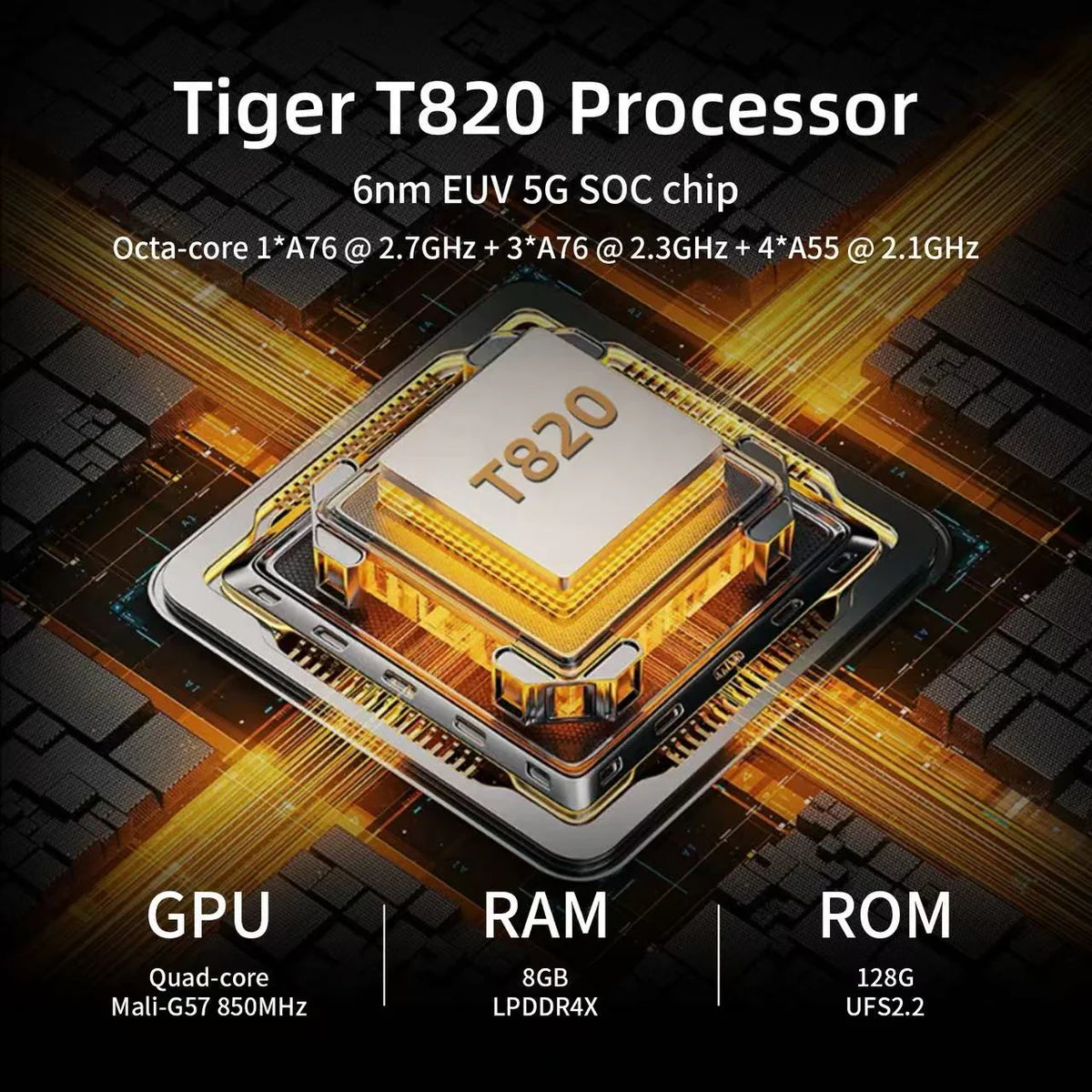 Tiger T820 Processor with technical specifications on a dark background