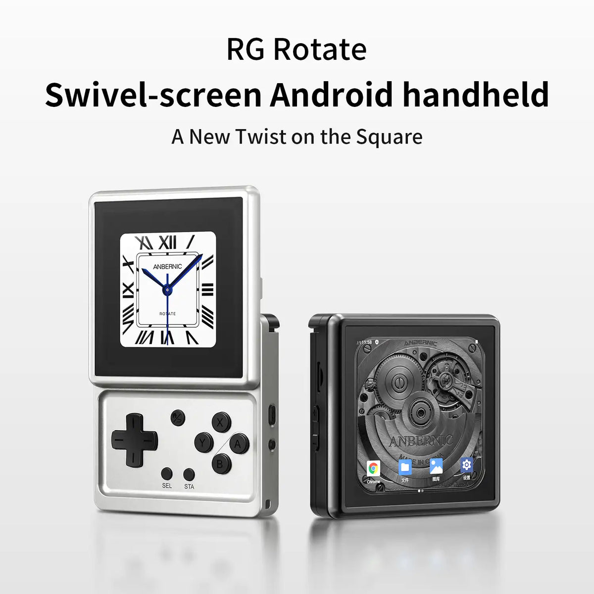 Swivel-screen Android handheld device with clock and game console design on a white background