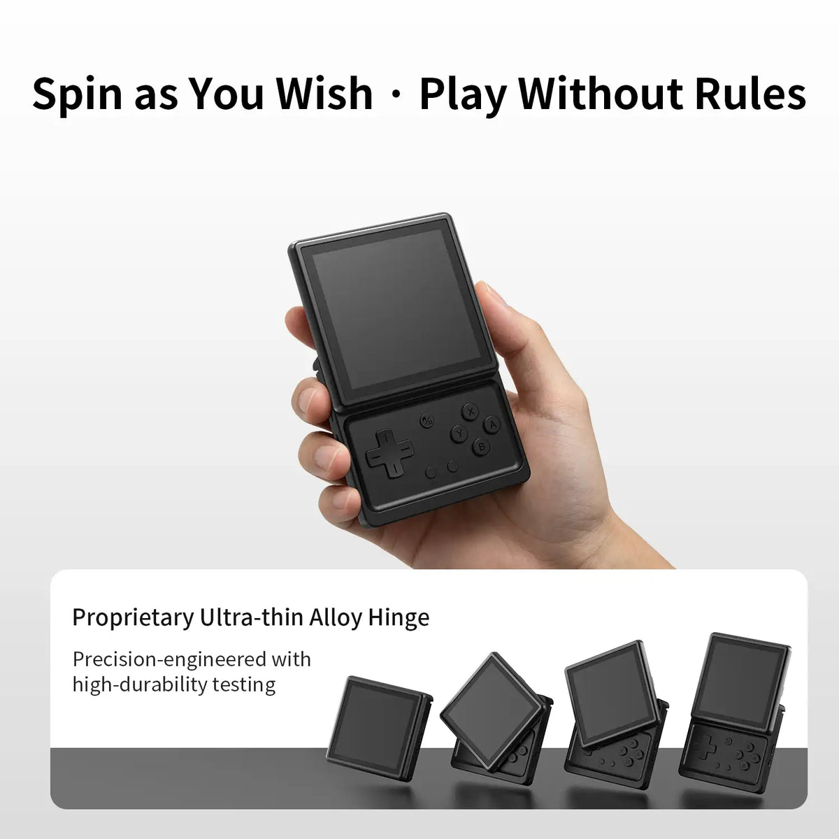 Hand holding a black portable gaming device with text about its features on a white background