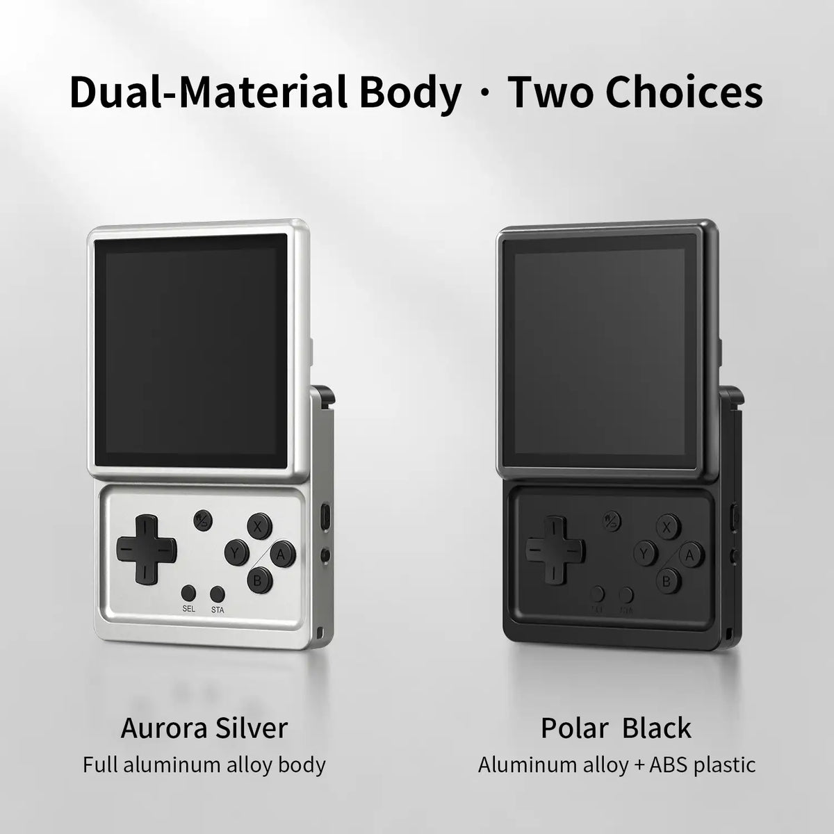 Two handheld gaming consoles, one in Aurora Silver and the other in Polar Black, on a light gray background.
