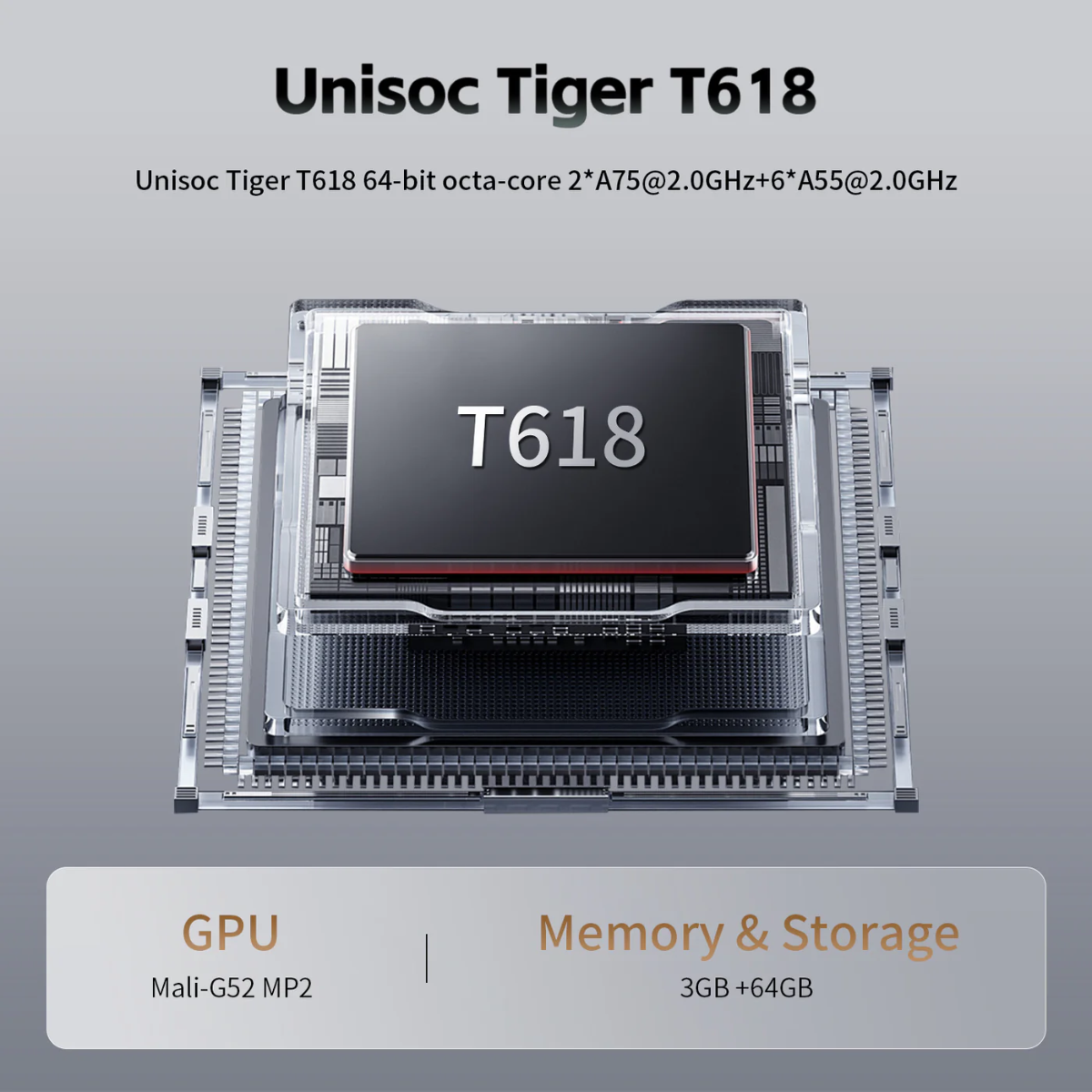 Unisoc Tiger T618 processor on a gray background with technical specifications.