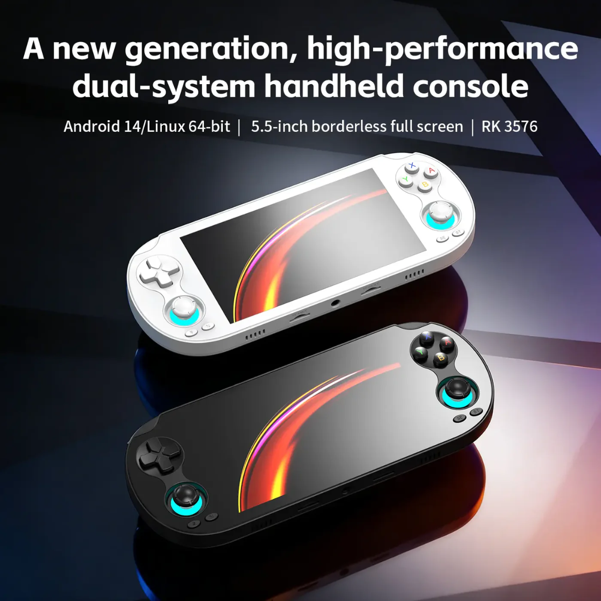 Two handheld consoles, one white and one black, on a reflective surface with text about their specifications.