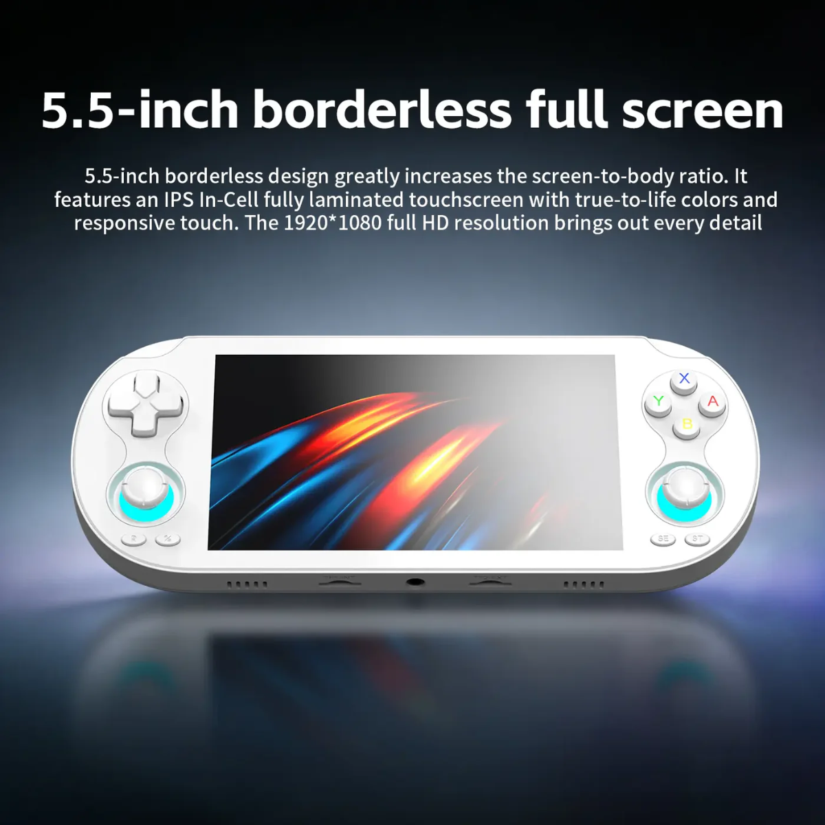 Handheld gaming console with 5.5-inch borderless full screen on a dark background