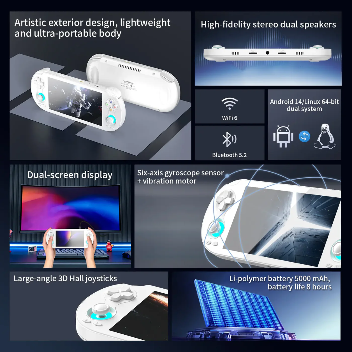 Gaming console with features highlighted on a dark background