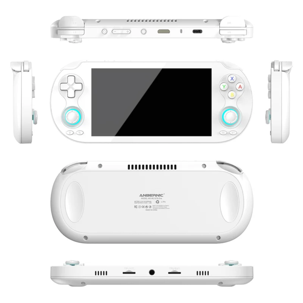 White handheld gaming console with multiple views on a white background