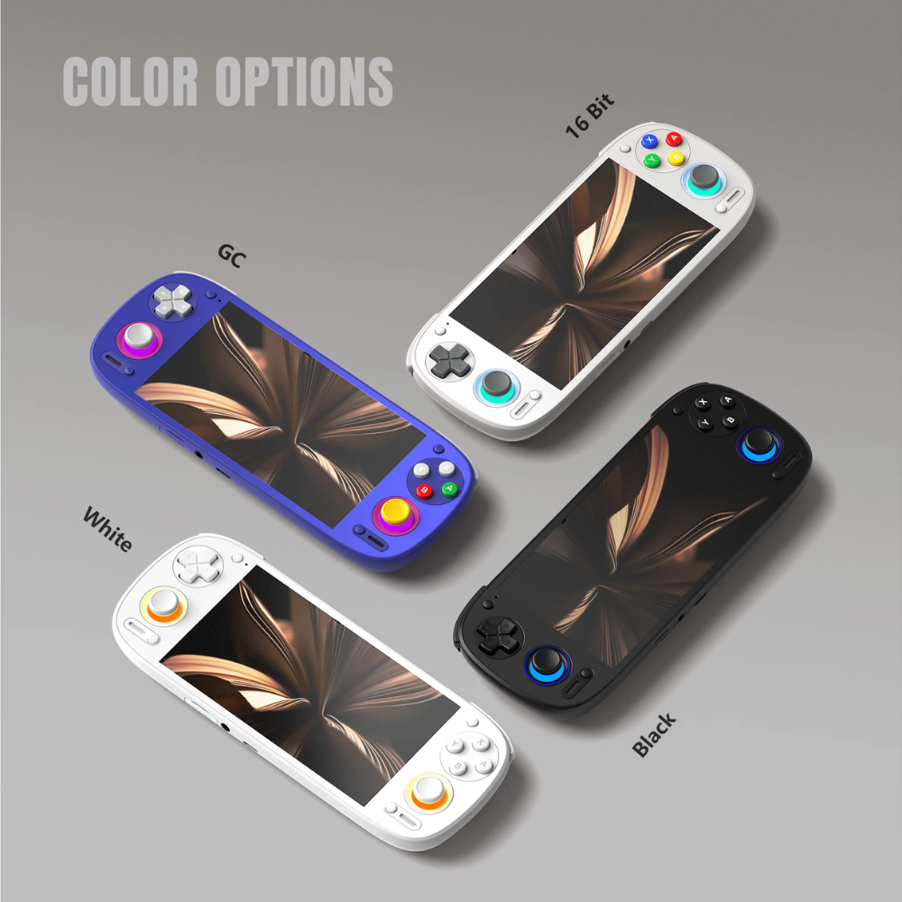 Four handheld gaming consoles in different colors on a gray background