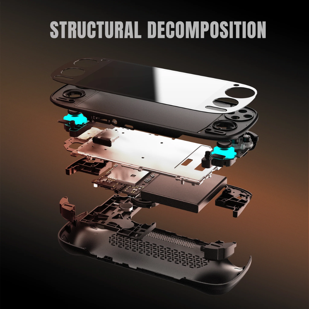 Disassembled smartphone showing internal components on a gradient background with 'STRUCTURAL DECOMPOSITION' text.