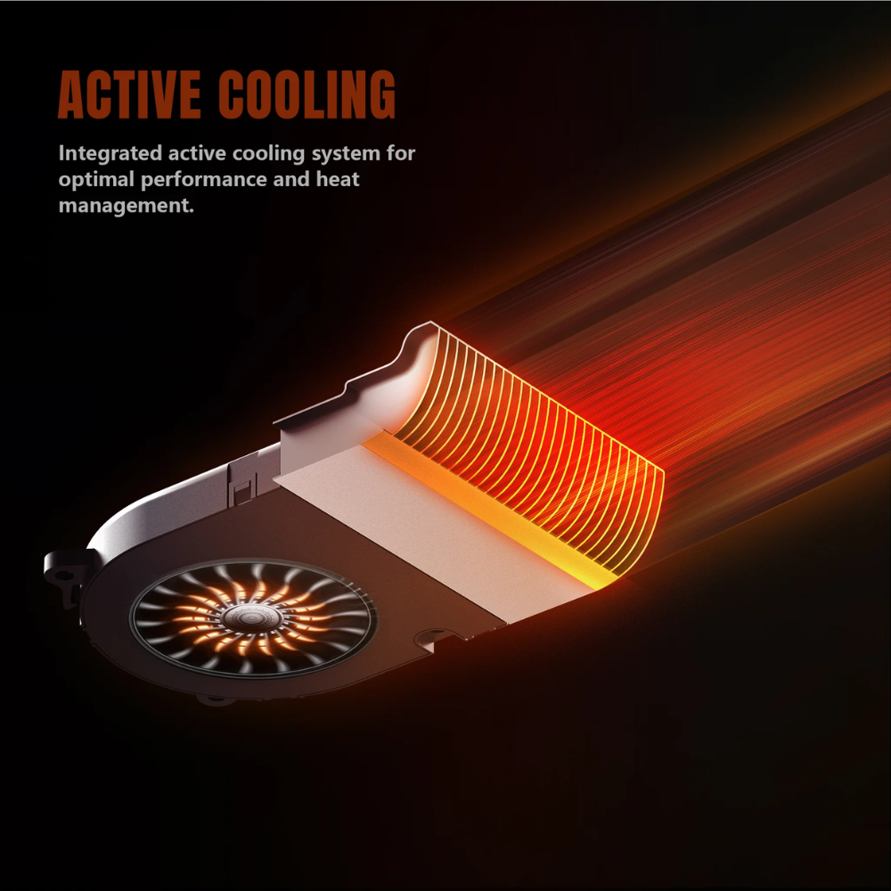 Integrated active cooling system with fan and heat sink on a dark background, highlighting 'Active Cooling' text.