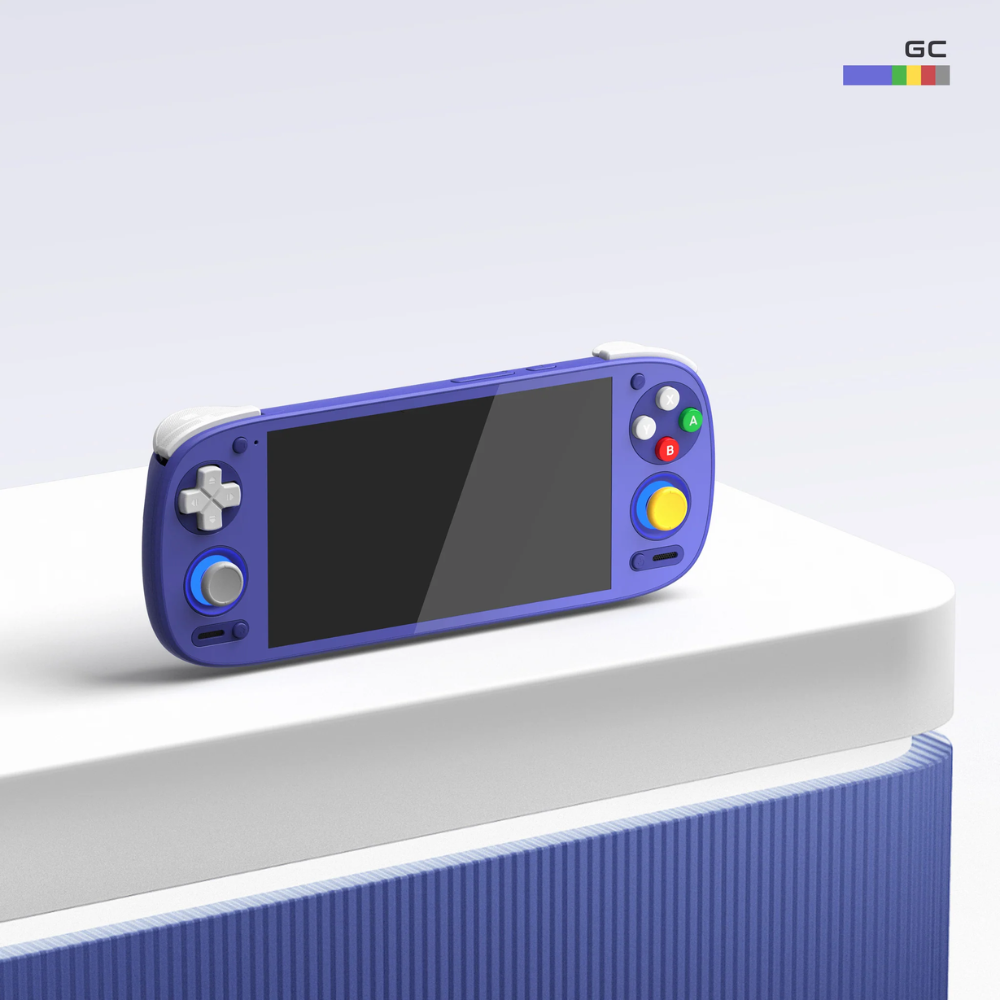 Purple handheld gaming console on a white surface with a light blue background