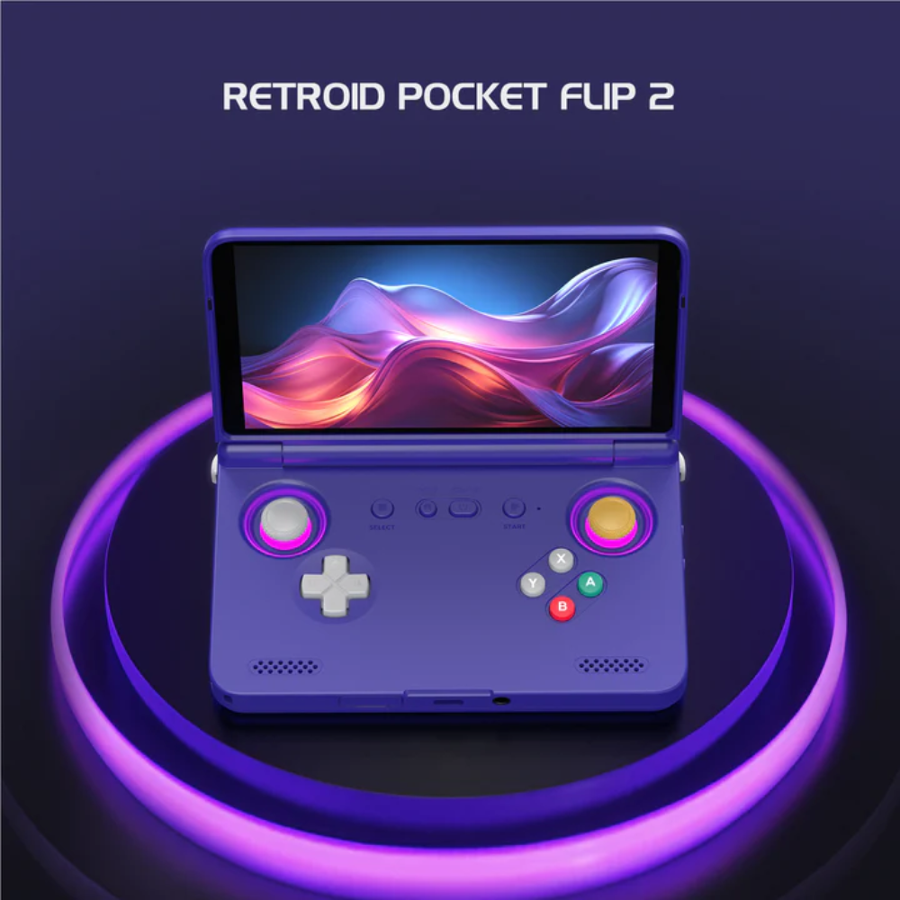 Purple handheld gaming device with a screen displaying colorful graphics on a dark background