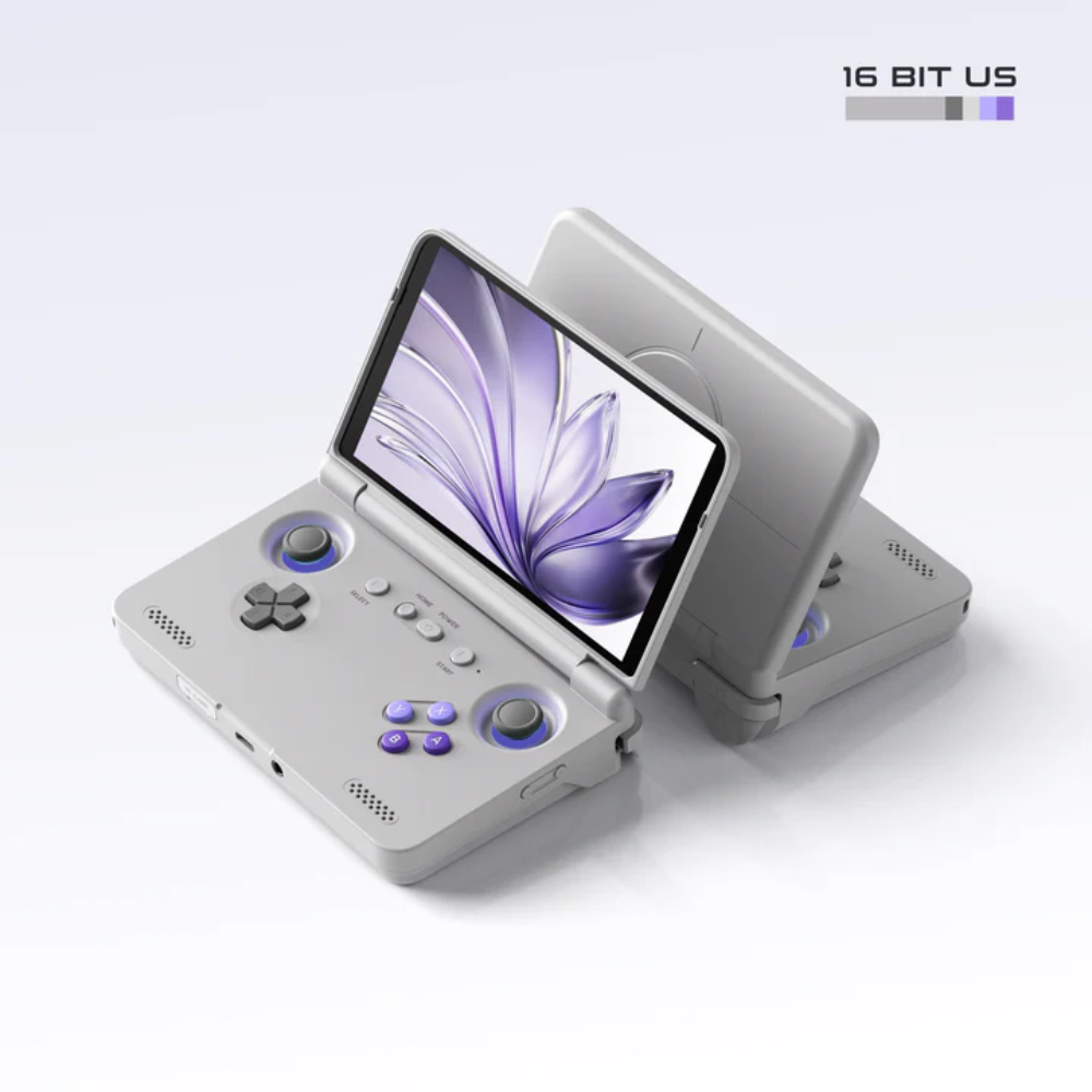 Handheld gaming console with a screen displaying a floral pattern on a white background.