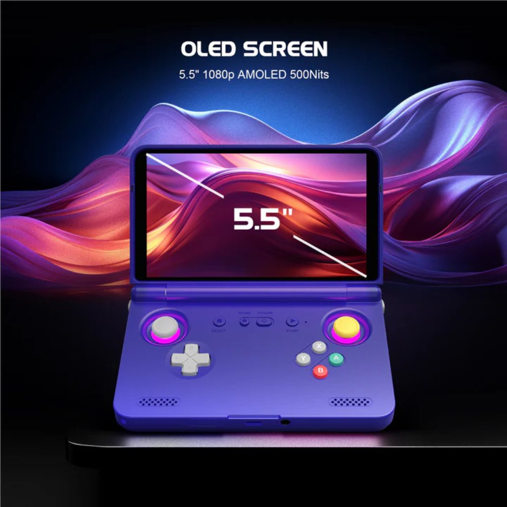 Purple handheld gaming console with OLED screen displaying screen specifications on a dark background.