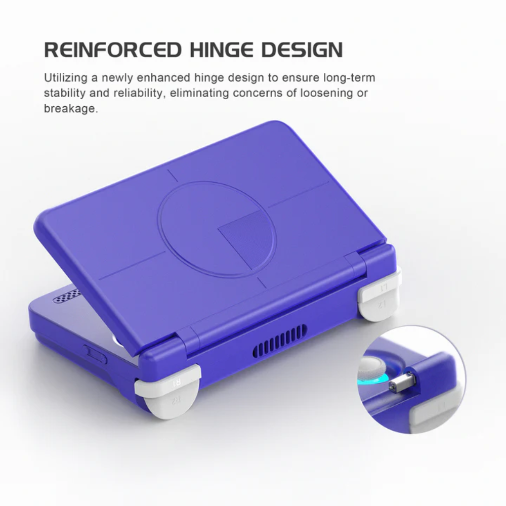 Purple electronic device with reinforced hinge design on a white background