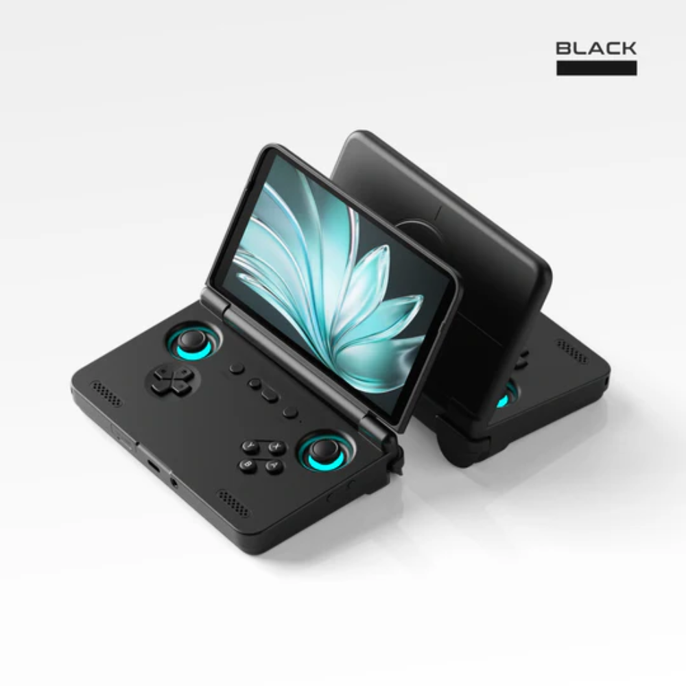 Black handheld gaming device with a folding screen on a white background