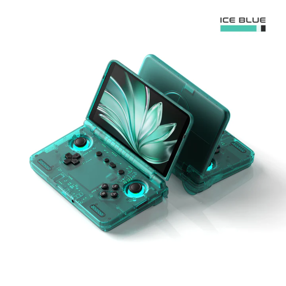 Teal handheld gaming console with open screen on a white background