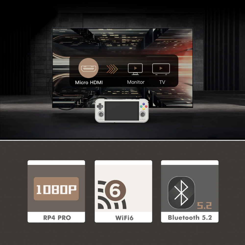 Gaming console with screen displaying connectivity options on a dark background