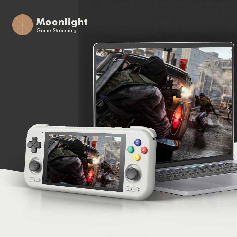 Handheld gaming console with screen displaying a game, connected to a laptop showing the same game, with 'Moonlight Game Streaming' branding.