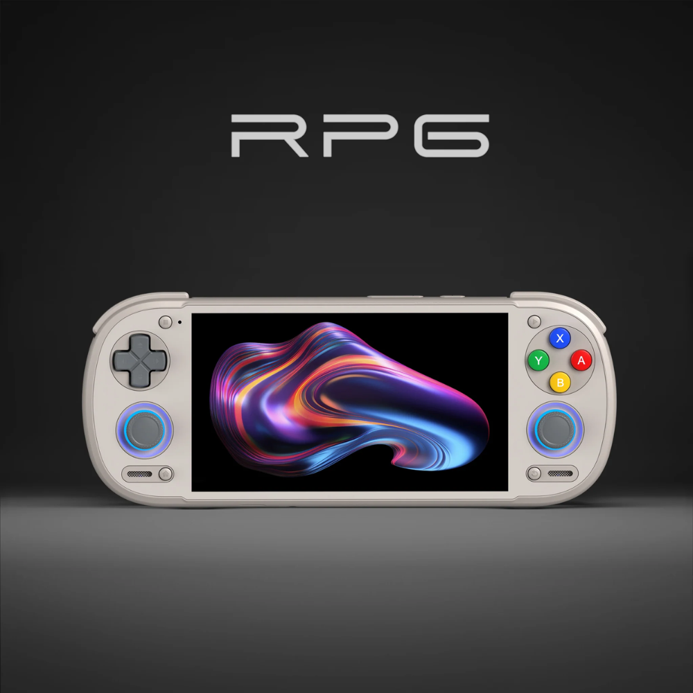 Handheld gaming console with colorful display on a dark background, featuring the brand 'RPG'.