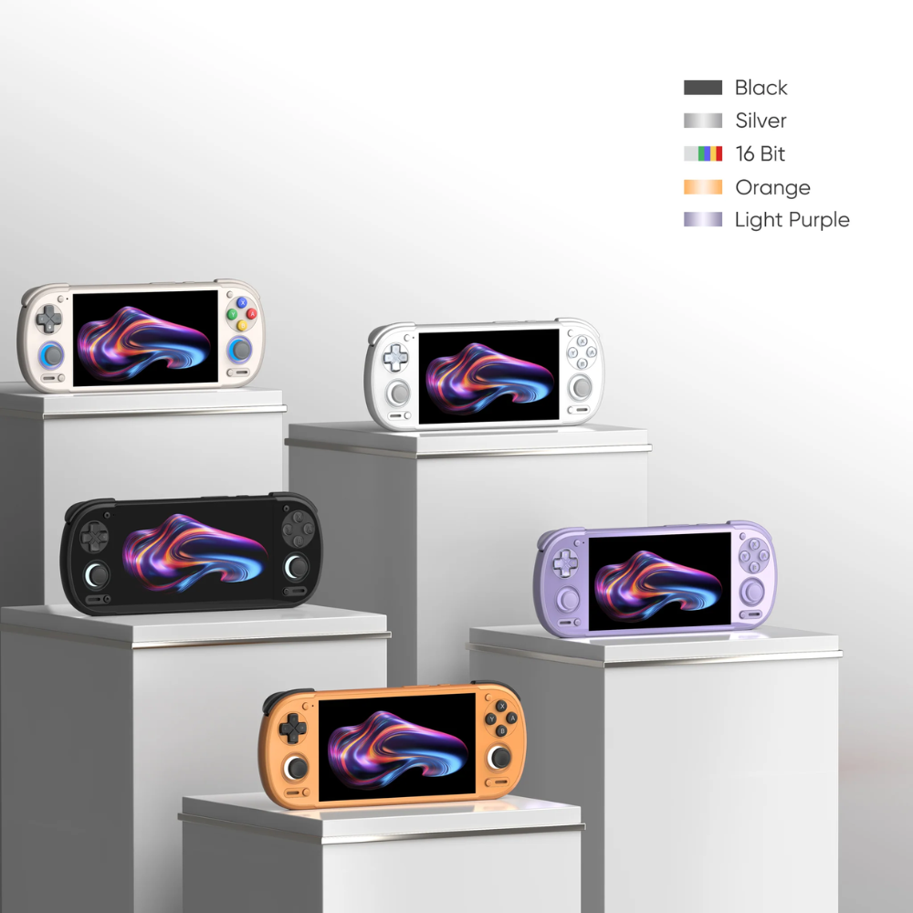 Collection of handheld gaming consoles on pedestals with color options displayed.