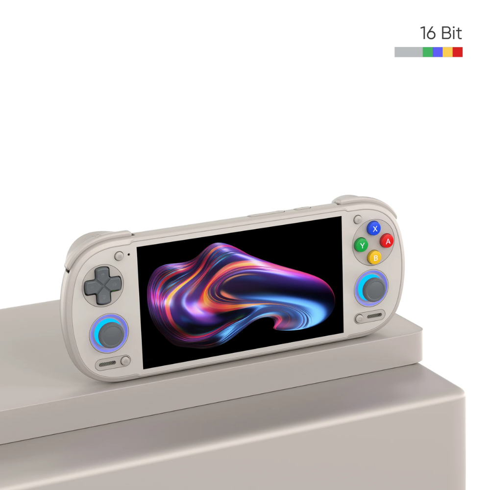 Gaming console with colorful display on a white background