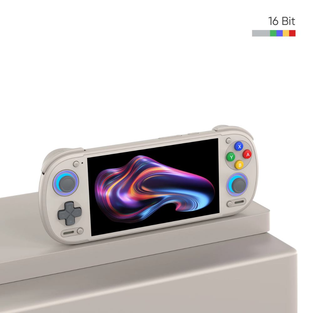 Handheld gaming console with colorful display on a white background
