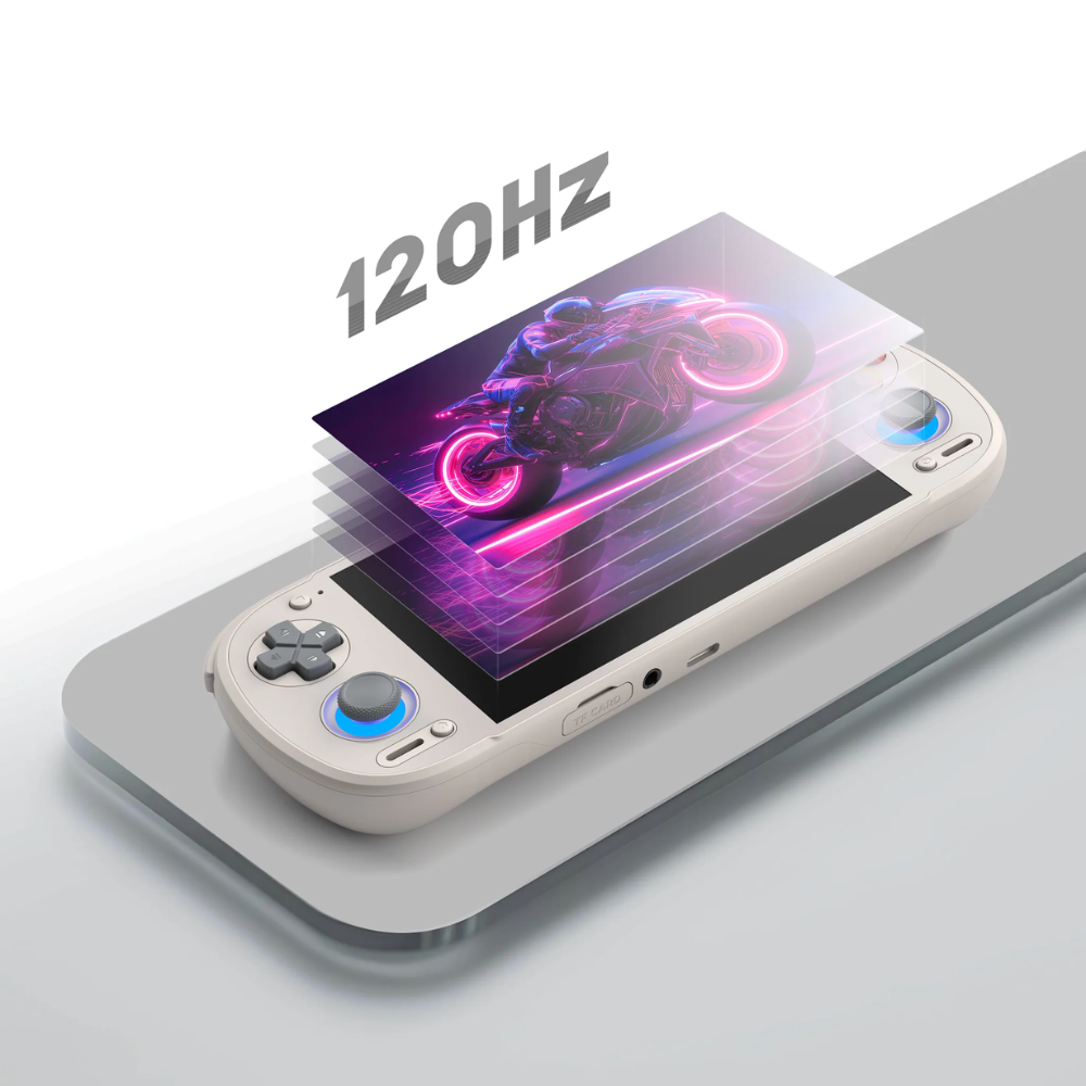 Gaming console with a screen displaying a motorcycle graphic and '120Hz' text on a white background