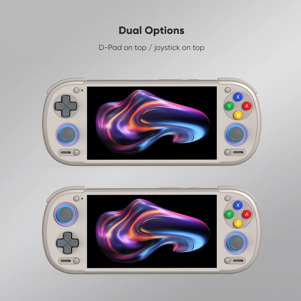 Two handheld gaming consoles with different control layouts on a gray background