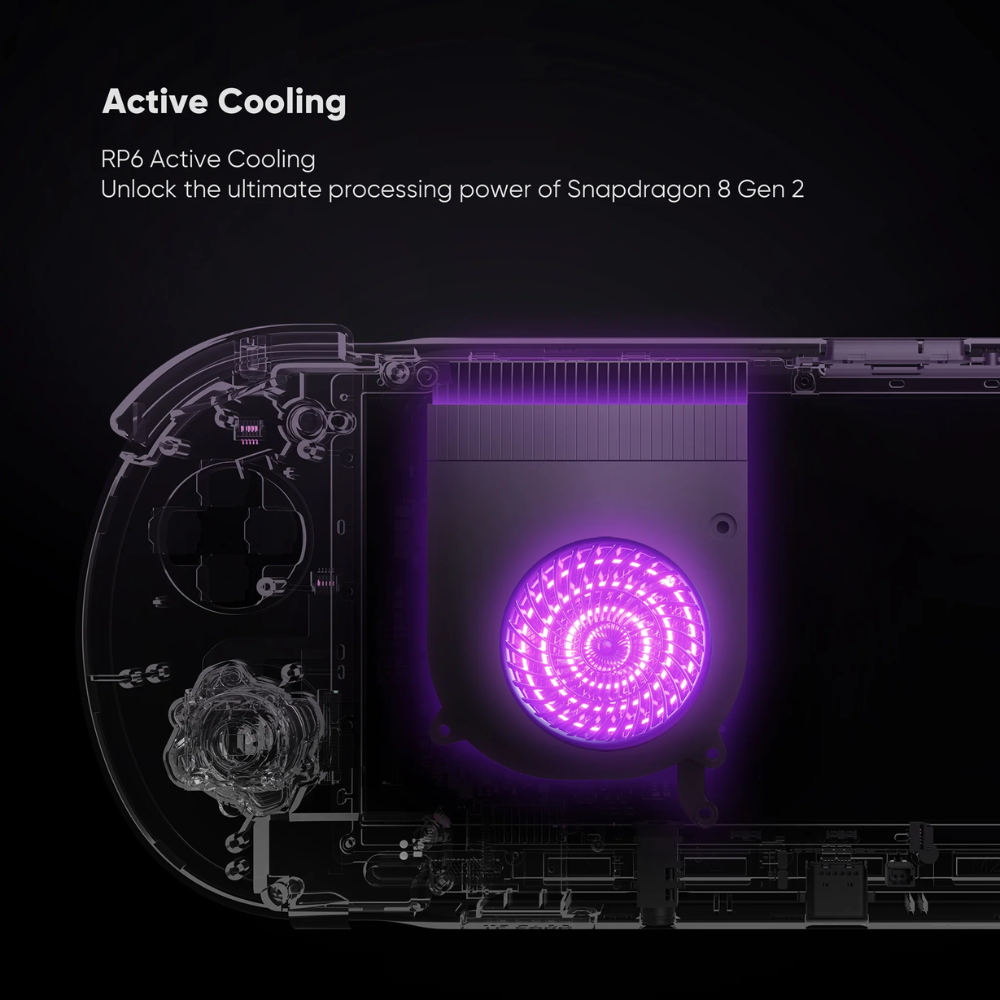 Handheld console cooling system with active cooling technology and purple LED light on a black background.