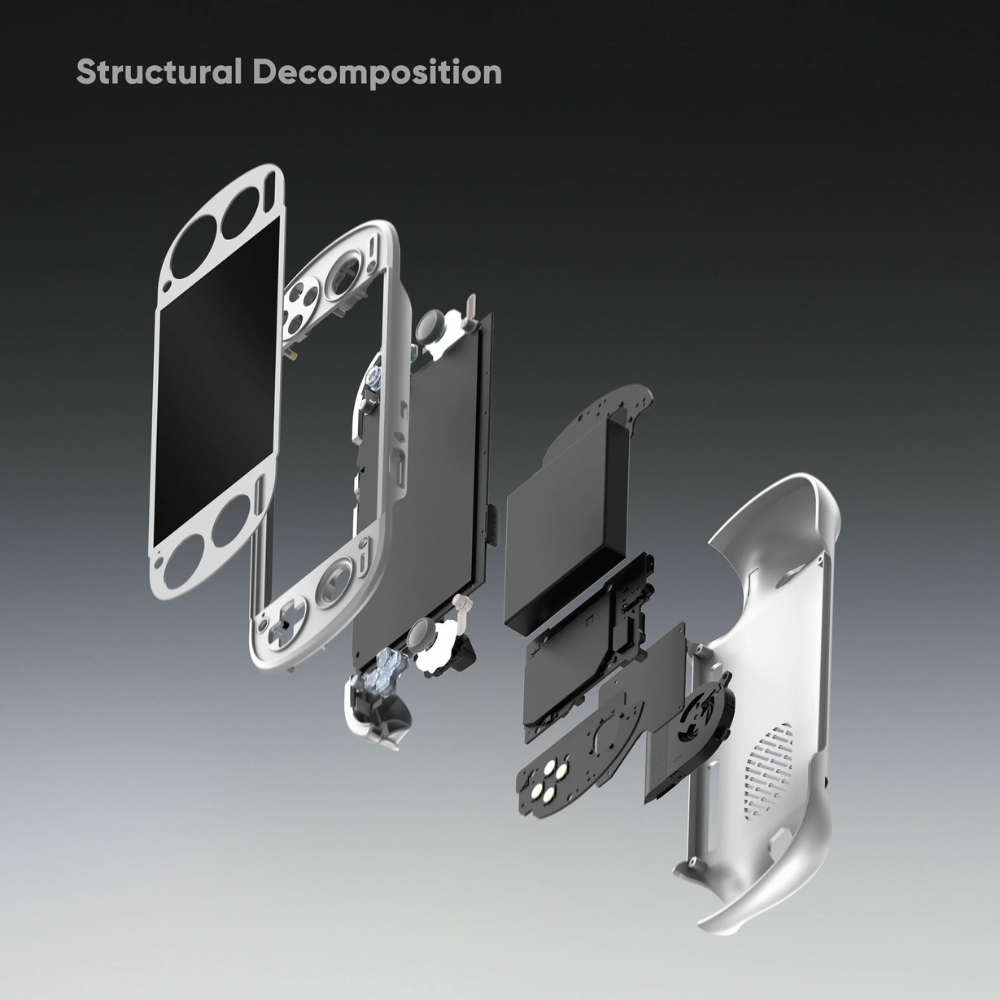 Metallic phone frame components on a gradient background with 'Structural Decomposition' text.