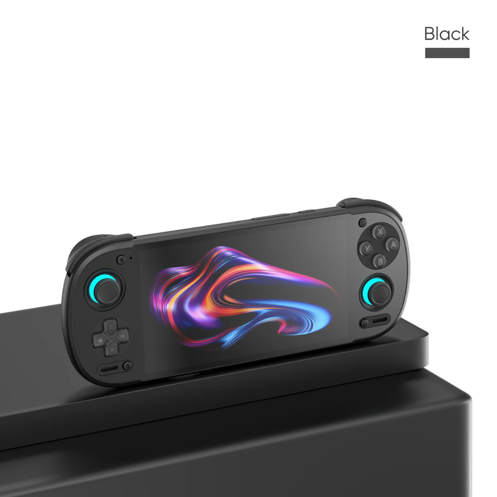 Black gaming console controller with colorful display on a white background