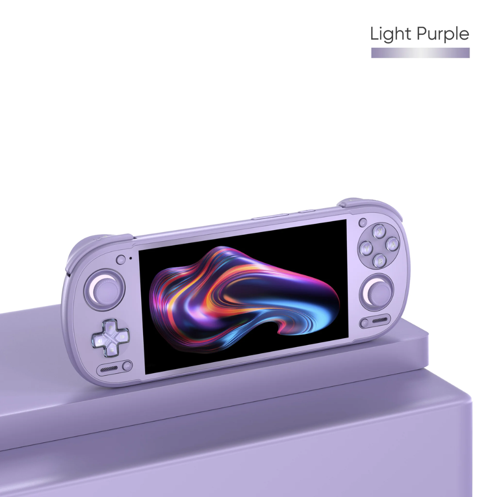 Light purple handheld gaming console with a colorful display on a white background
