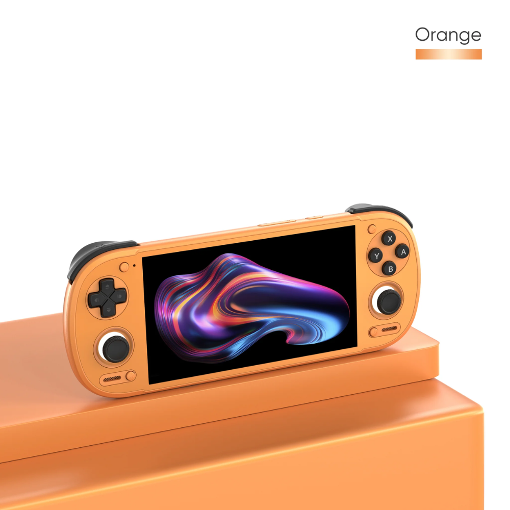 Orange handheld gaming console with colorful display on a white background