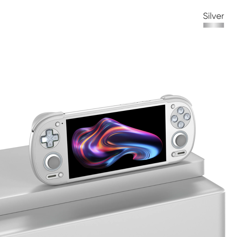 Silver handheld gaming console with colorful display on a white background