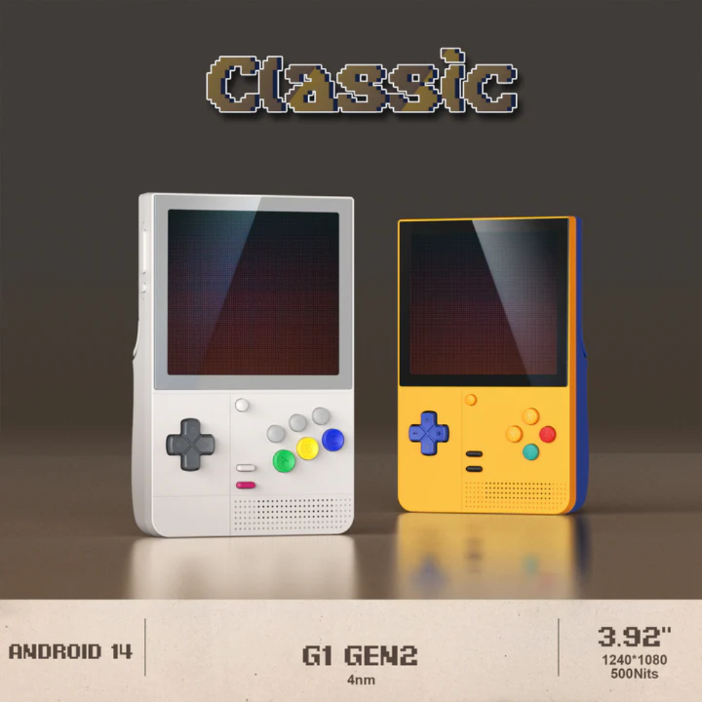 Two retro-style handheld gaming devices, one white and one yellow, on a dark background with 'Classic' text above.