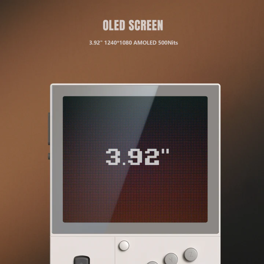 OLED screen with specifications on a brown background