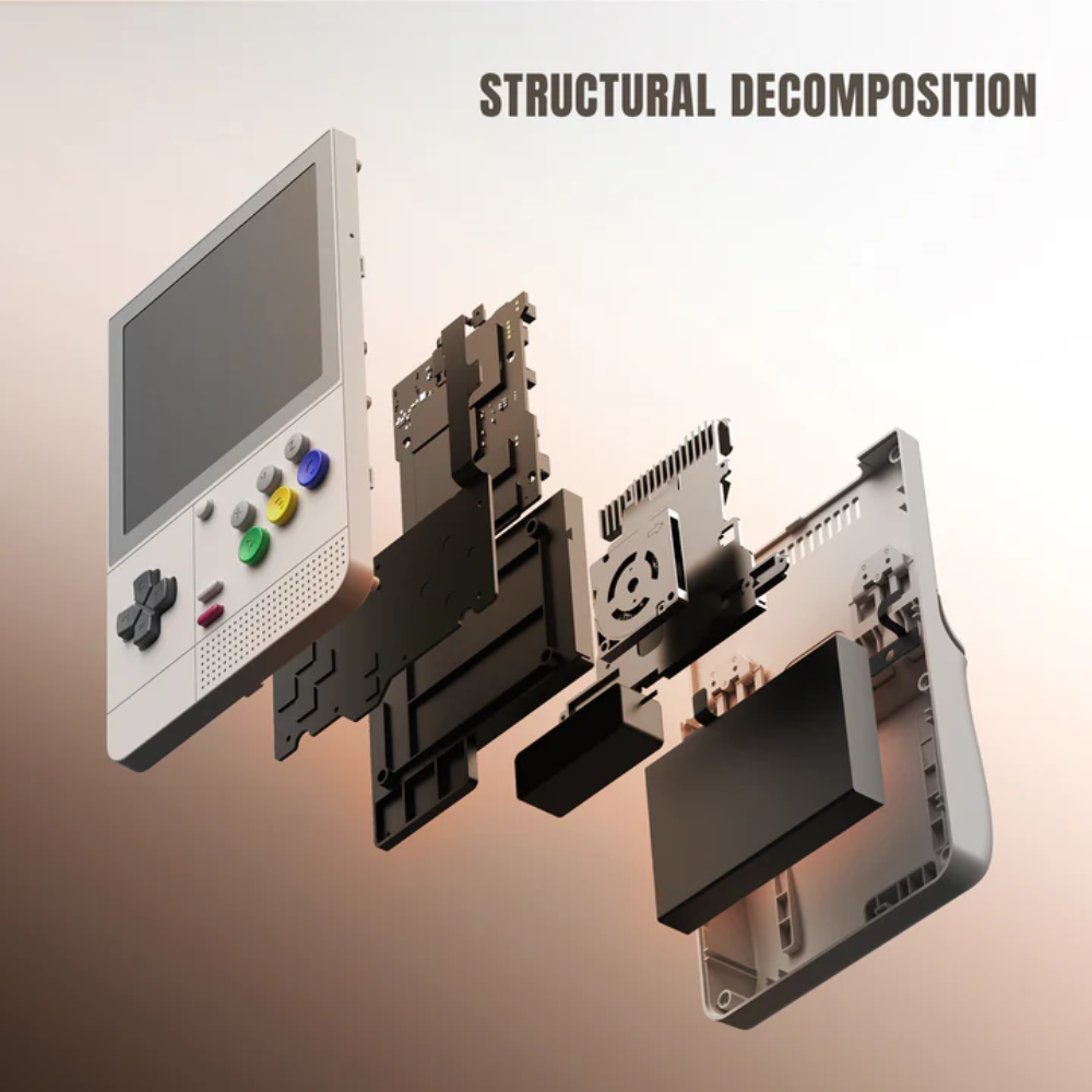Disassembled electronic device with 'Structural Decomposition' text on a gradient background