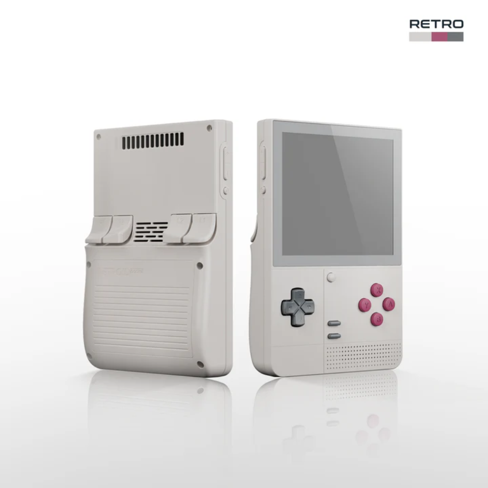 Retro-style handheld gaming console on a white background