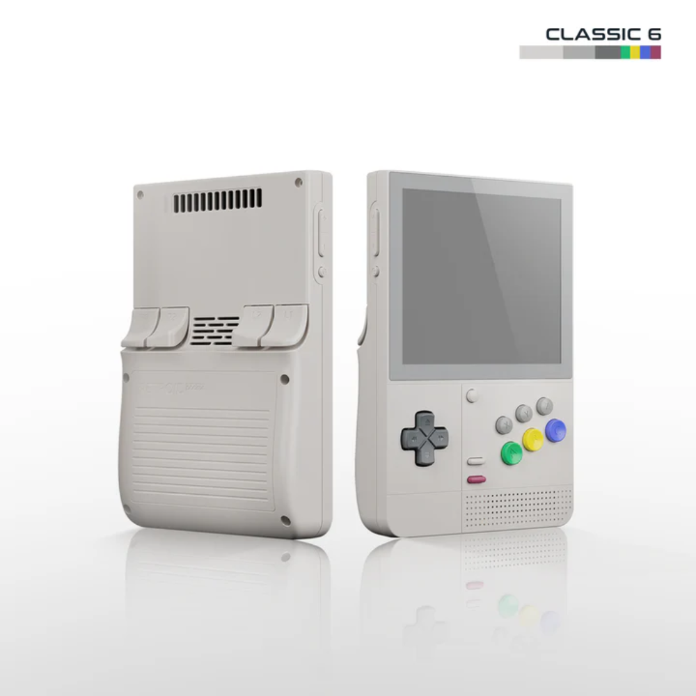 White handheld gaming console with screen and control buttons on a white background