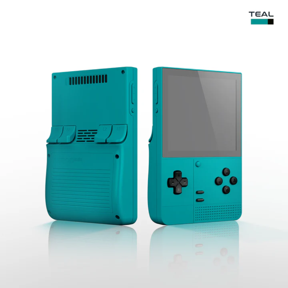 Teal handheld gaming console shown from multiple angles on a white background