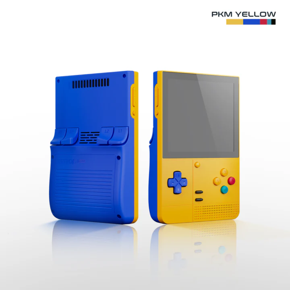 Blue and yellow handheld gaming console on a white background