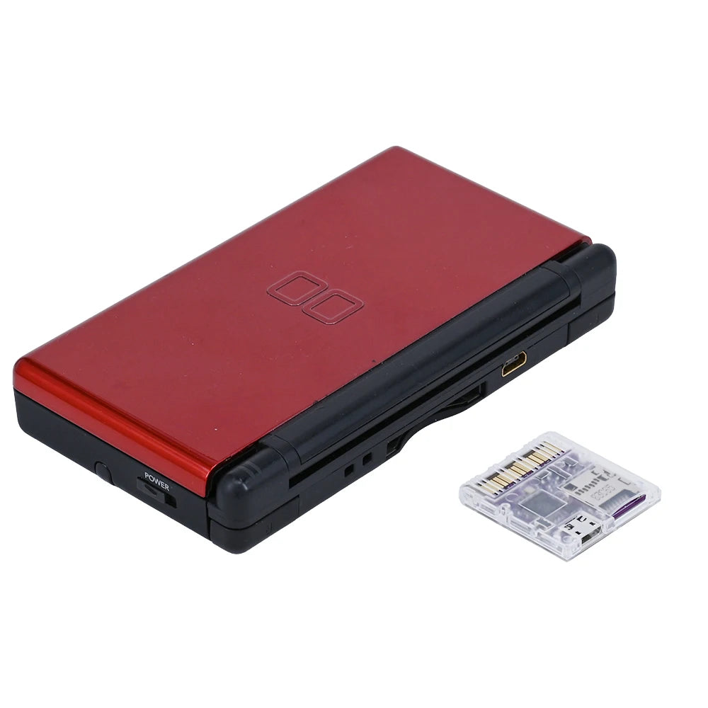 Red gaming console with black accents and a memory card on a white background