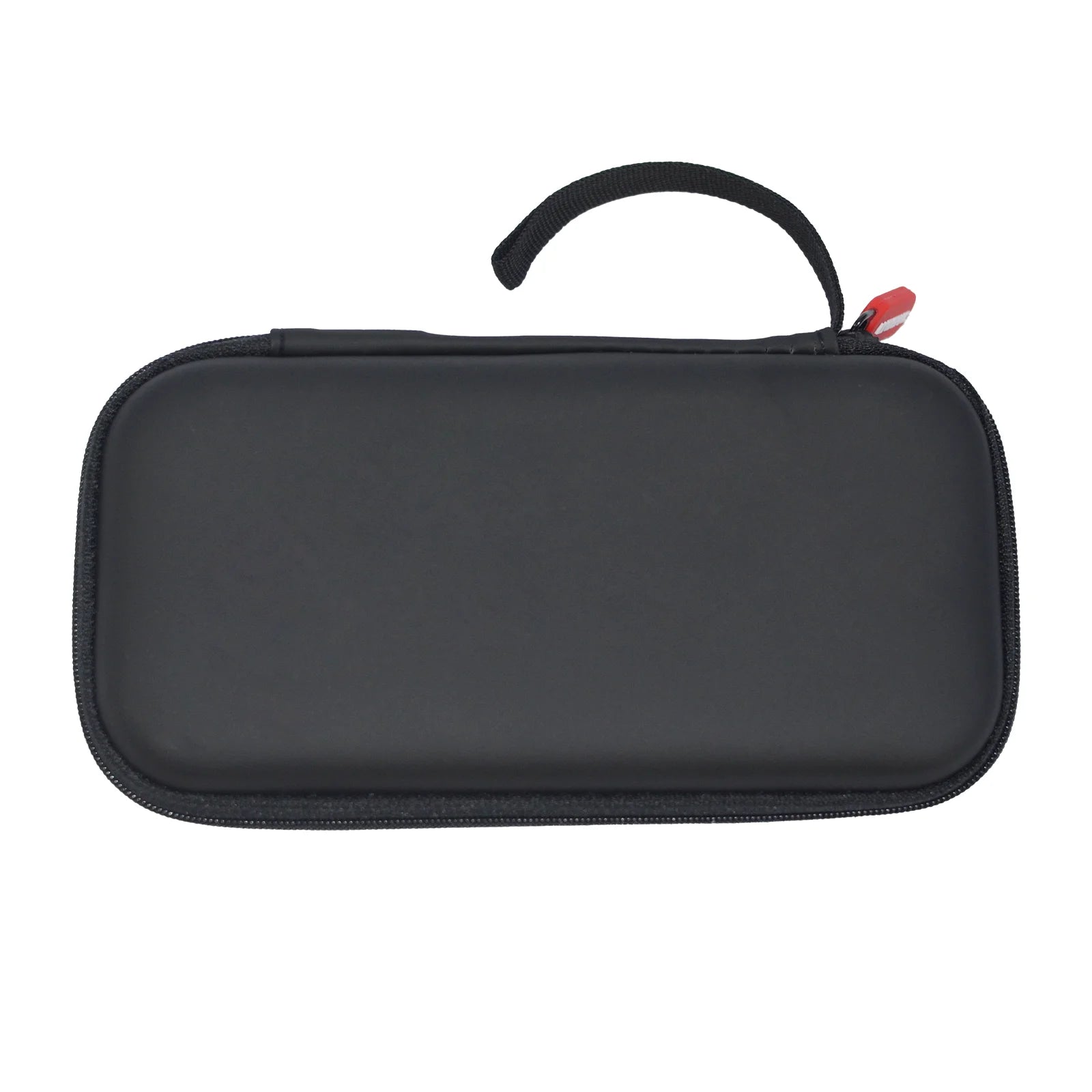 Black carrying case with a handle on a white background