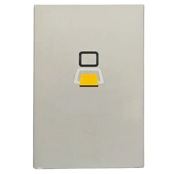 Rectangular metal box with a square cutout and yellow component on a white background